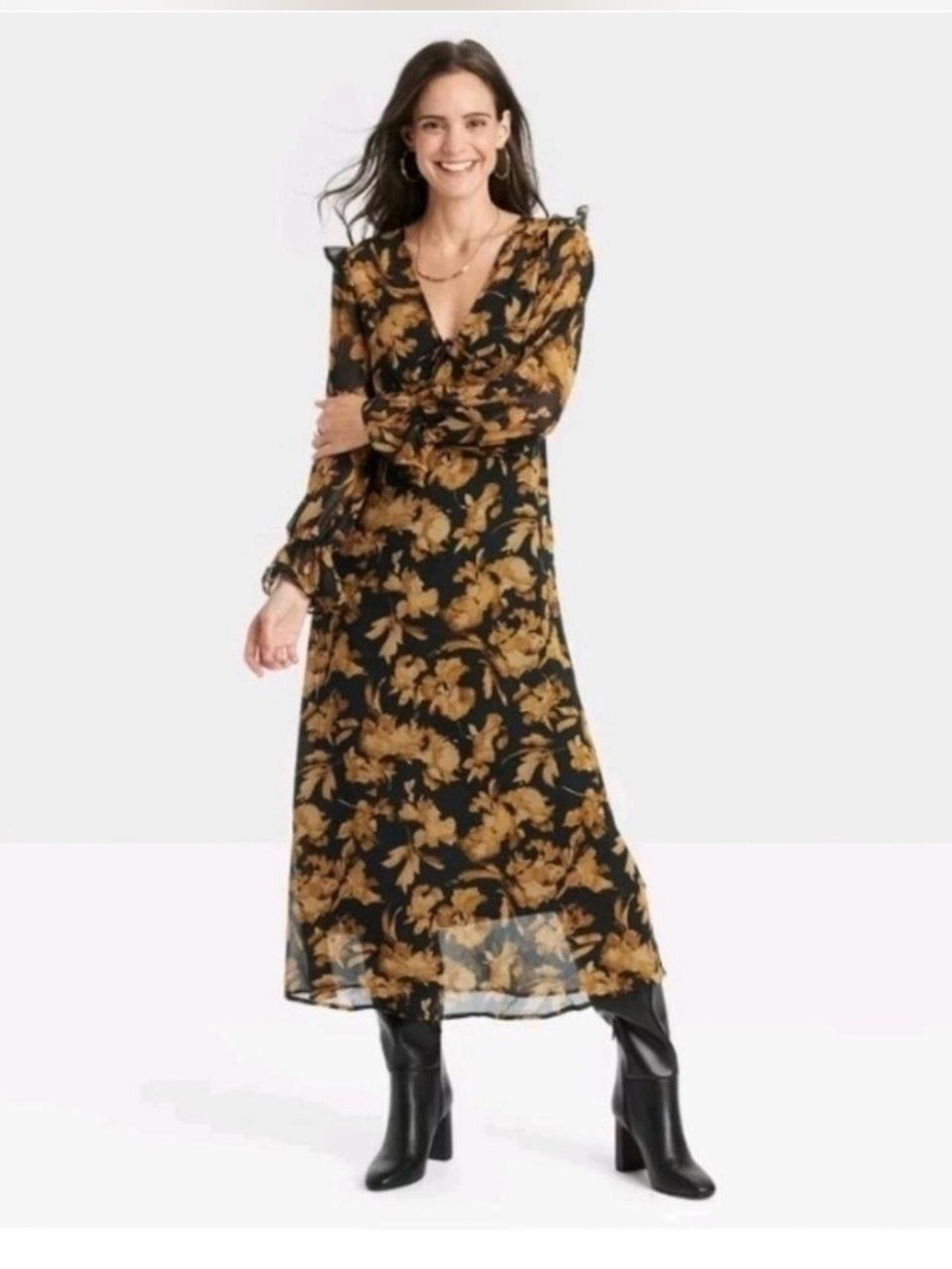 NWT A New Day Small Brown Black Floral Dress Maxi - Picture 3 of 6